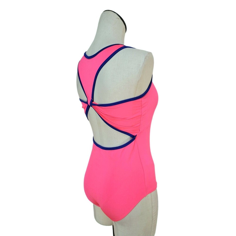 Aja VTG 90s Twisted Triangle Open Back Keyhole Leotard Built-in Bra Neon Pink AS - Picture 4 of 14